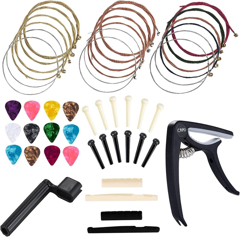 Anvin Acoustic Guitar Accessories Kit - Replacement Strings, Picks, Capo, String Winder, Bridge Pins, Picks for Guitar Players Beginners (48 Pcs) - Image 1